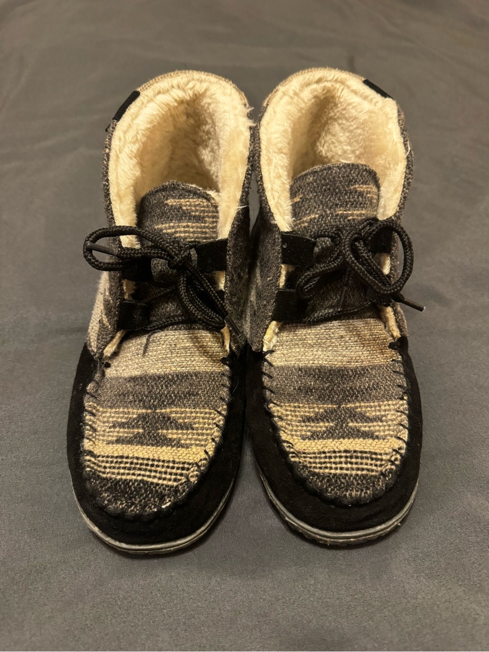 Minnetonka Black and Cream Aztec Lined Moccasin Boots